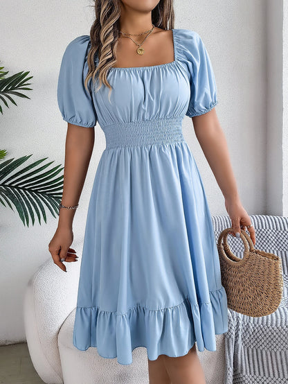 Women's Square Neck Maxi Dress - High Waist Ruffled Short Sleeve Dress