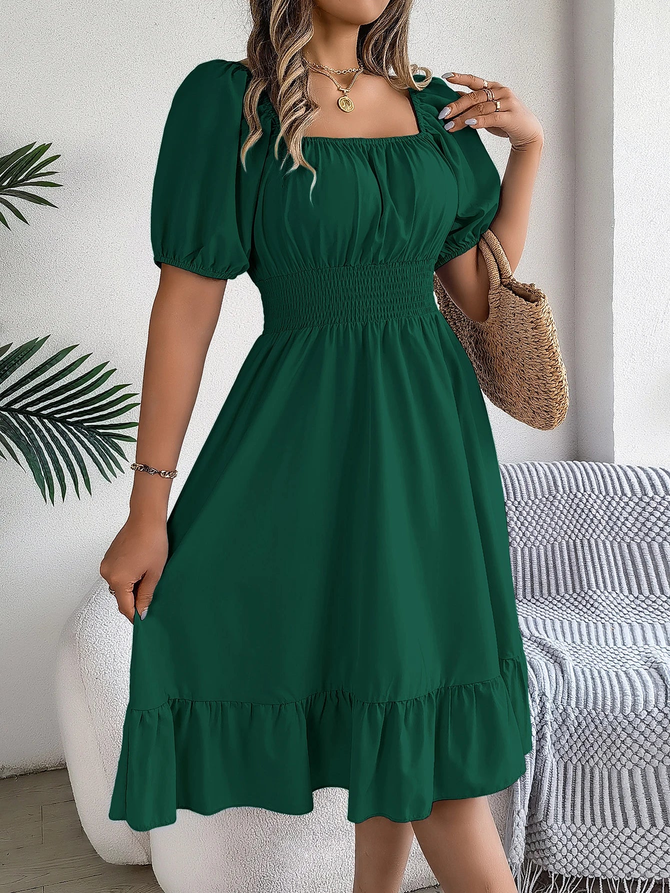 Women's Square Neck Maxi Dress - High Waist Ruffled Short Sleeve Dress