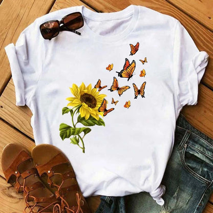 Women's Sunflower & Dragonfly Print T-Shirt - Oversized Summer Top