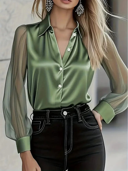 Women's Luxury Satin Long Sleeve Shirt - Elegant Office Blouse