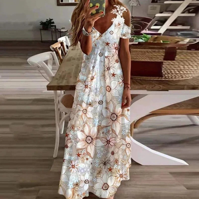 Women's Printed White Lace Suspender Dress - Summer Casual Maxi Dress