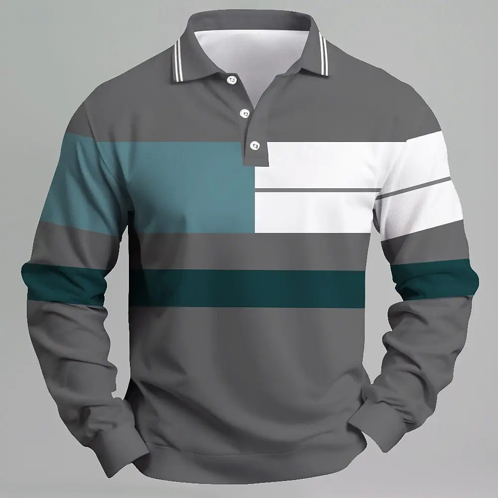 Men Color Block Long Sleeve Polo Shirt