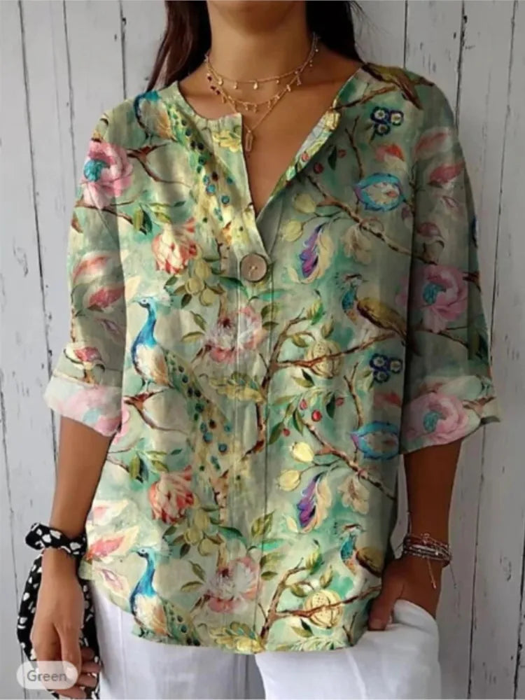 Women's Floral V-Neck Button Top - Casual Three Quarter Sleeve Blouse