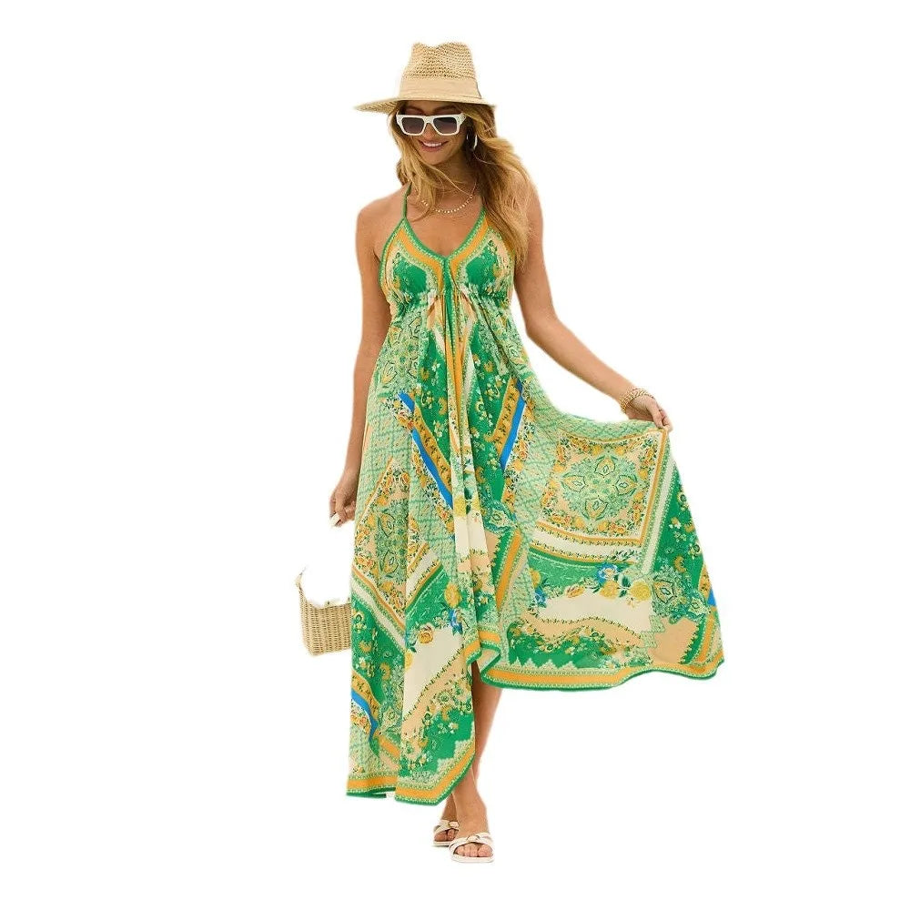 Women's Halter Backless Maxi Dress - Printed Bohemian Beach Dress