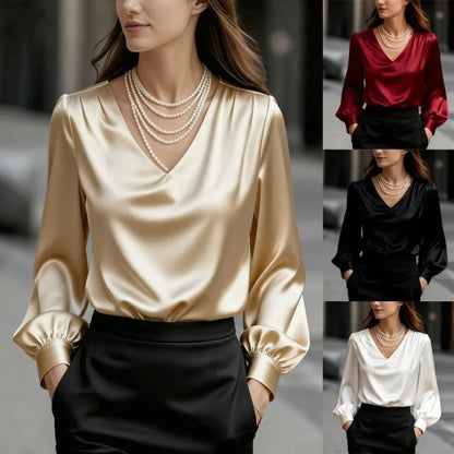 Women's V-Neck Puff Sleeve Satin Shirt - Loose Work Blouse