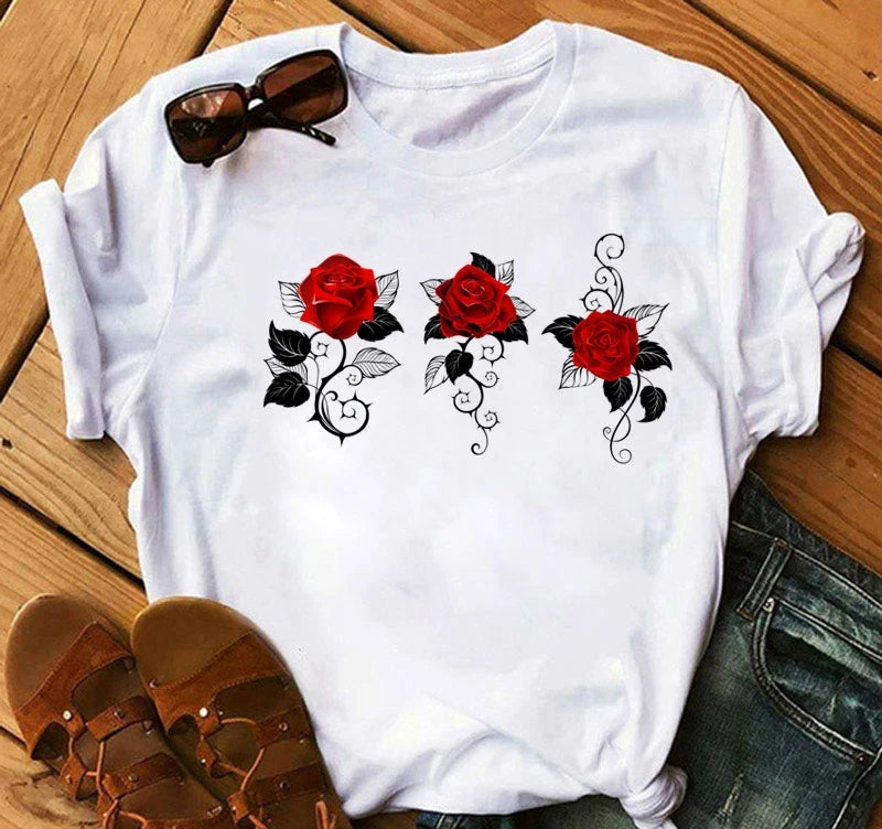 Women's 3D Rose Print T-Shirt - Casual Summer Cotton Top