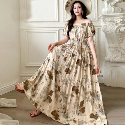 Bohemian Long Dress Summer Fashion One-Shoulder Floral Cotton Silk Elastic Waist Beach Skirt Vintage Ethnic Style Short Sleeve