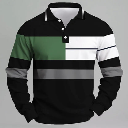 Men Color Block Long Sleeve Polo Shirt