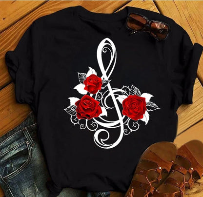 Women's 3D Rose Print T-Shirt - Casual Summer Cotton Top