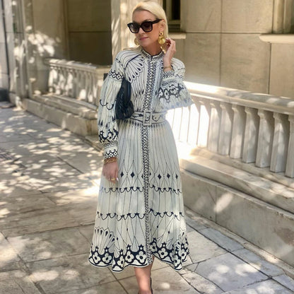 Women Vintage Print Stand Collar Lantern Sleeve Belt Linen A Line Dress