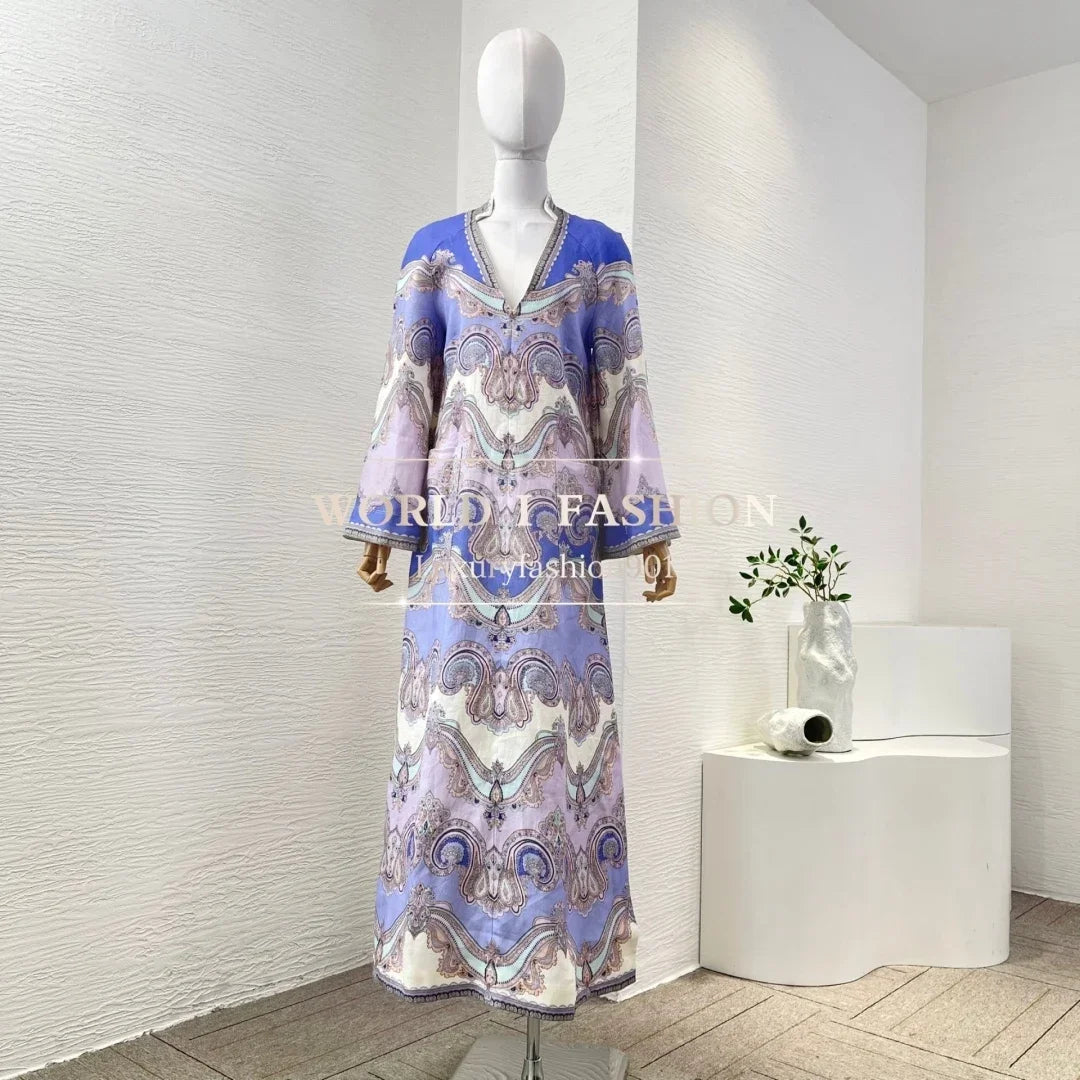 Women's Vacation Beach Style 2026 Multi Color Paisley Print Long Sleeve V-neck Mini Dress for Holiday