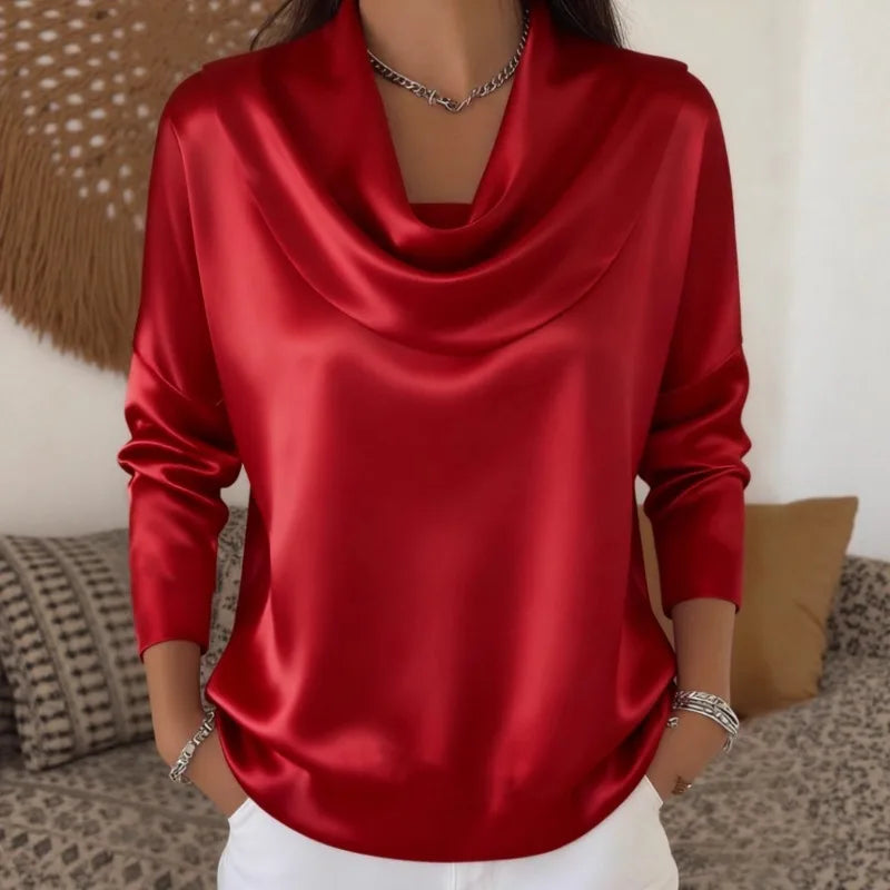 Women's Satin Swing Collar Shirt - Versatile Long Sleeve Blouse