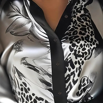 Women's Satin Leopard Print Shirt - Long Sleeve Office Blouse