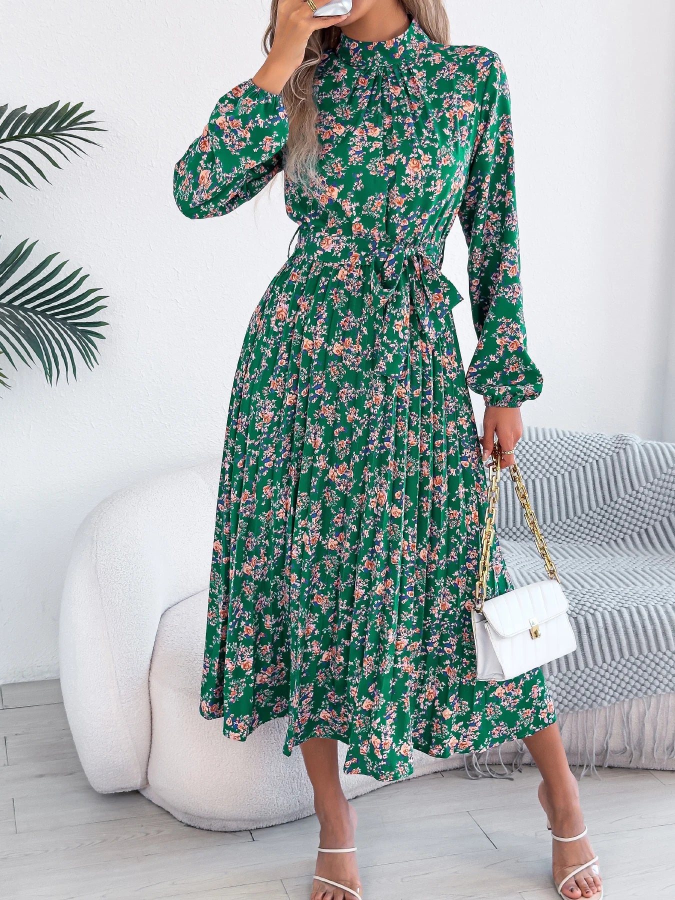 Women's Floral Stand Collar Bridesmaid Dress - Long Sleeve Pleated Midi Dress