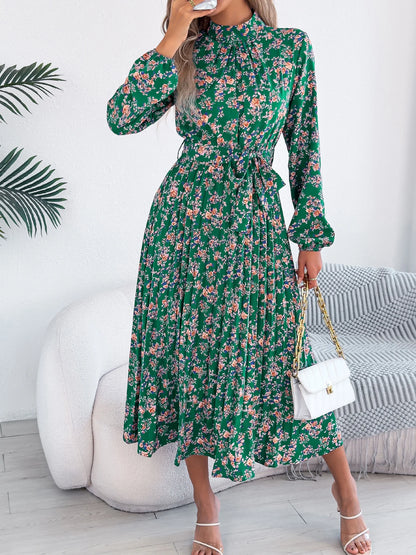 Women's Floral Stand Collar Bridesmaid Dress - Long Sleeve Pleated Midi Dress