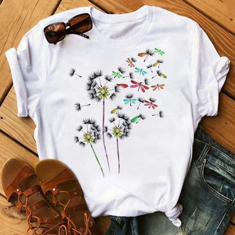 Women's Sunflower & Dragonfly Print T-Shirt - Oversized Summer Top