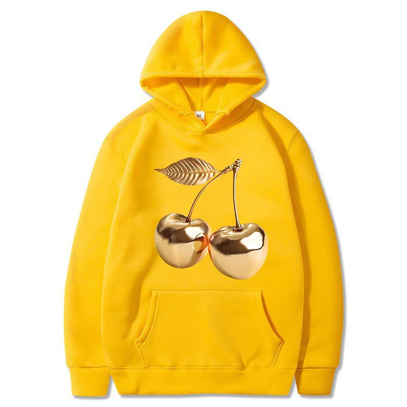 Women's Golden Cherry Print Hoodie - Vintage 90s Sweatshirt
