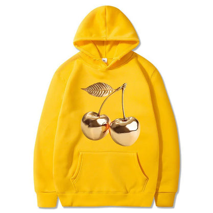 Women's Golden Cherry Print Hoodie - Vintage 90s Sweatshirt