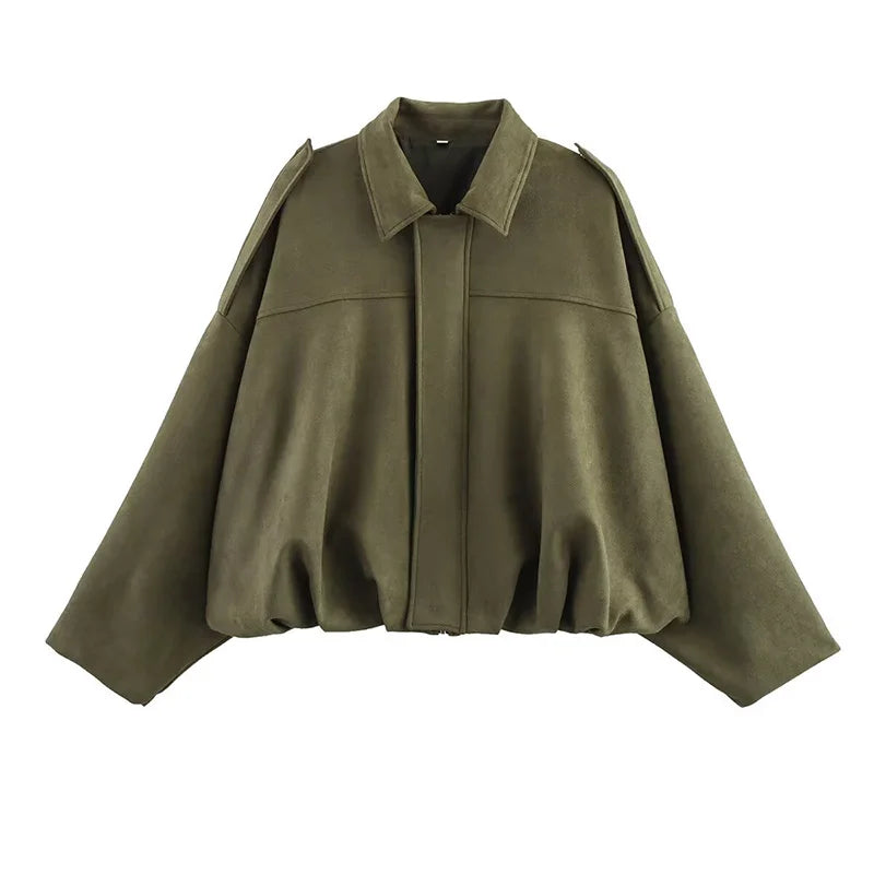 Women's Vintage Bomber Jacket - Loose Fit Zip-Up Coat