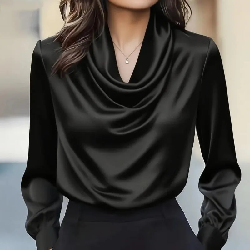 Women's Solid Color Swing Collar Shirt - Elegant Long Sleeve Blouse