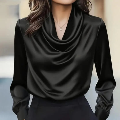 Women's Solid Color Swing Collar Shirt - Elegant Long Sleeve Blouse