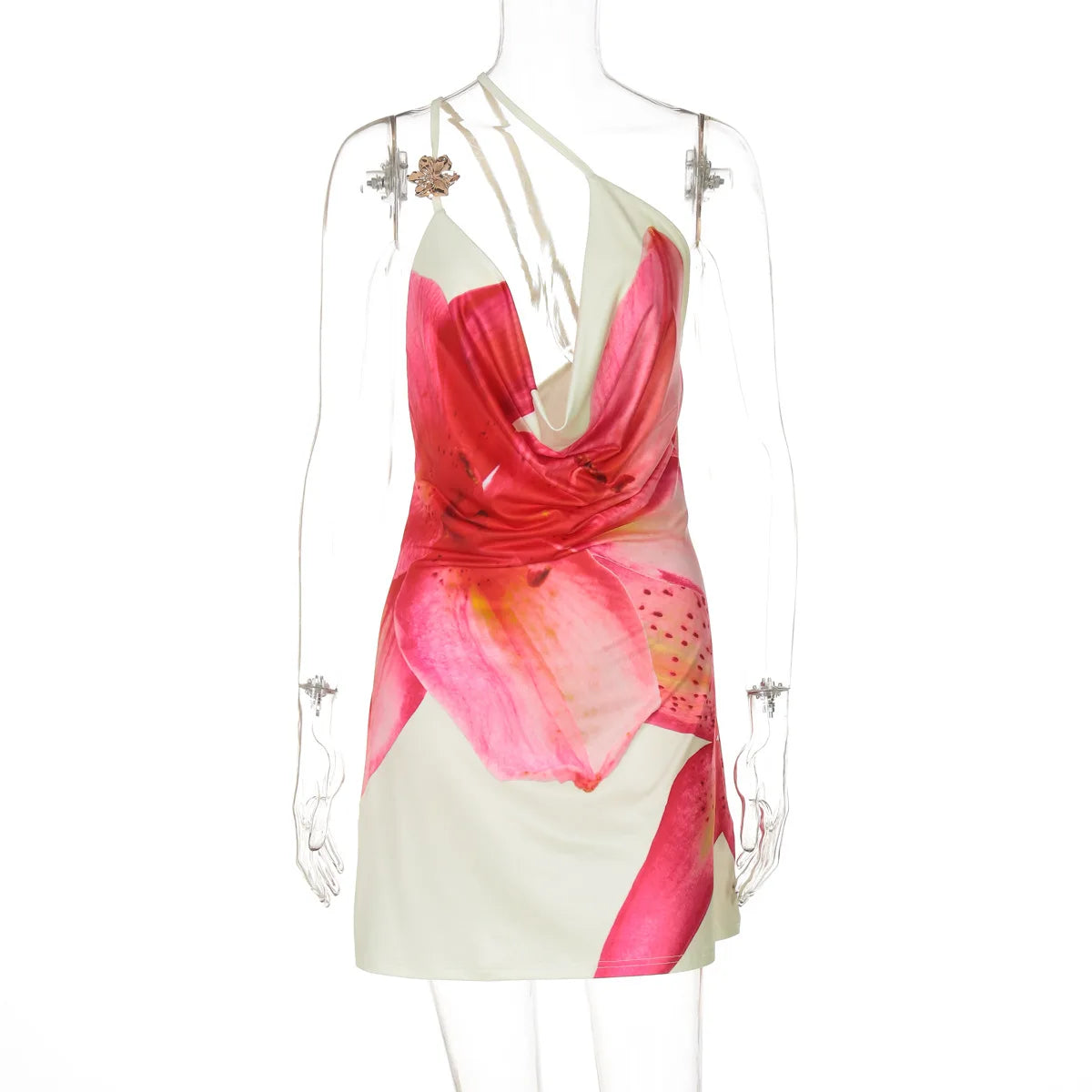 Women's One-Shoulder Printed Mini Dress - Beach Vacation High Waist Dress