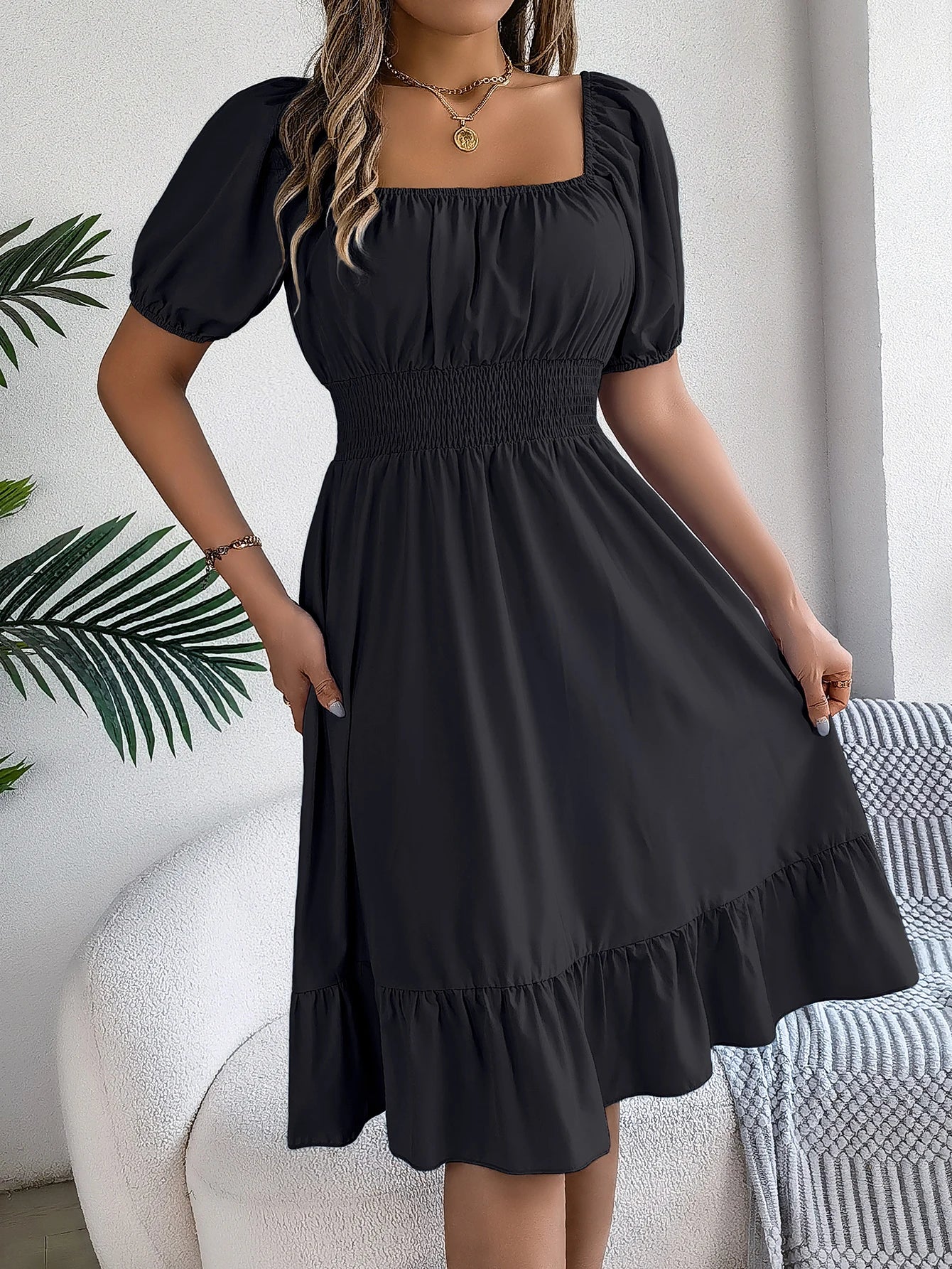 Women's Square Neck Maxi Dress - High Waist Ruffled Short Sleeve Dress