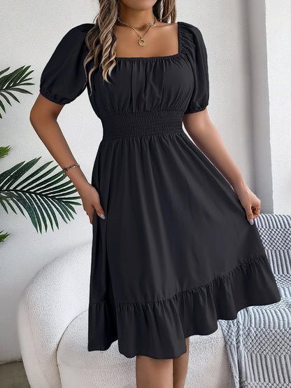 Women's Square Neck Maxi Dress - High Waist Ruffled Short Sleeve Dress