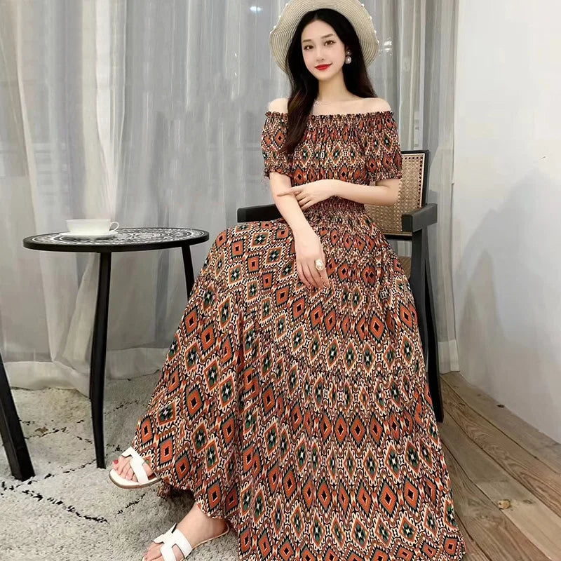Bohemian Long Dress Summer Fashion One-Shoulder Floral Cotton Silk Elastic Waist Beach Skirt Vintage Ethnic Style Short Sleeve