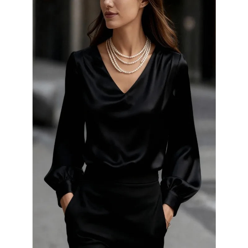 Women's V-Neck Puff Sleeve Satin Shirt - Loose Work Blouse