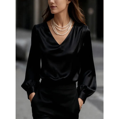 Women's V-Neck Puff Sleeve Satin Shirt - Loose Work Blouse