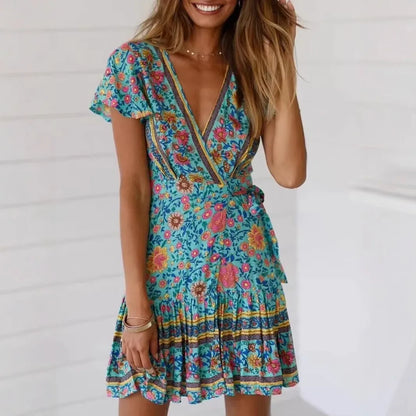 Women's Floral V-Neck Mini Dress - Short Sleeve Wrap Boho Sundress