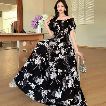 Bohemian Long Dress Summer Fashion One-Shoulder Floral Cotton Silk Elastic Waist Beach Skirt Vintage Ethnic Style Short Sleeve