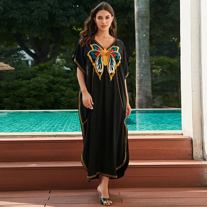 Women's Embroidered Floral Beach Dress - Loose Cotton Summer Gown