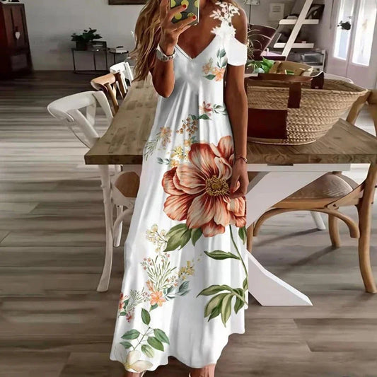 Women's Printed White Lace Suspender Dress - Summer Casual Maxi Dress