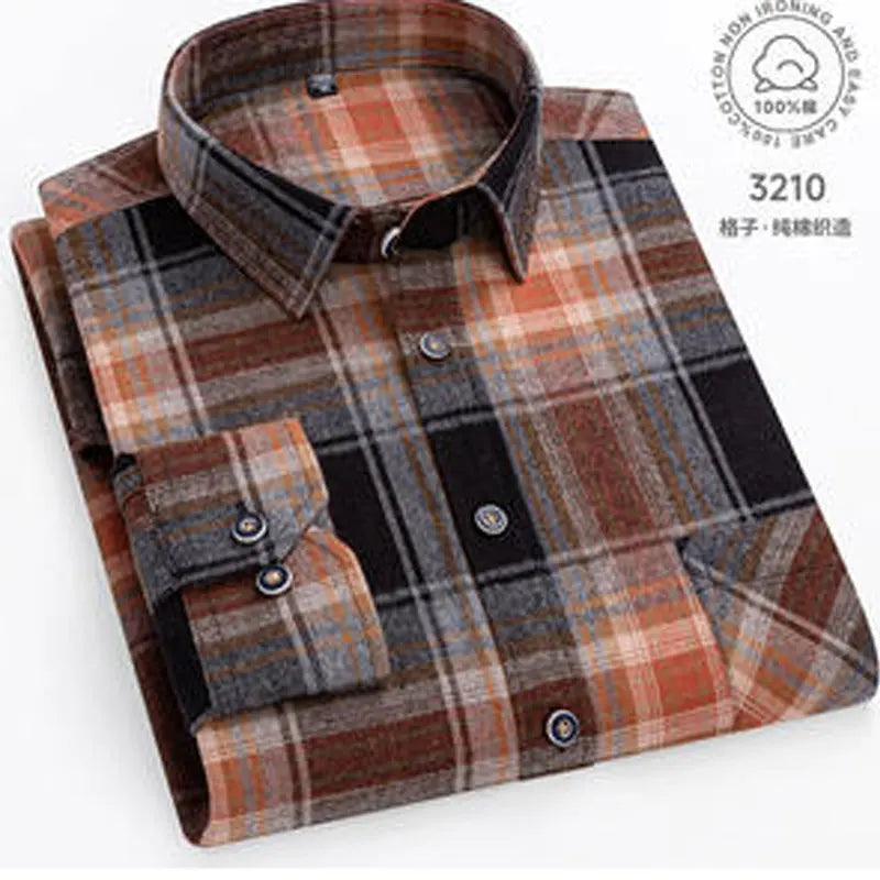 Men 100% Cotton Long Sleeve Plaid Shirt - Plus Size