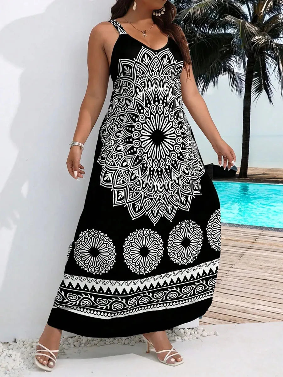 Women's Plus Size Bohemian Suspender Dress - Backless Summer Maxi Dress
