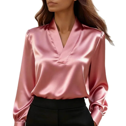 Women's Casual V-Neck Blouse - Loose Long Sleeve Office Shirt