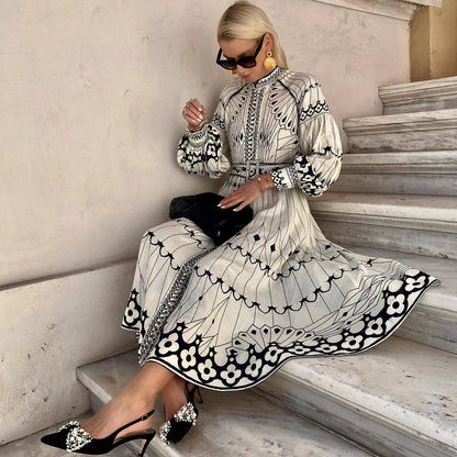 Women Vintage Print Stand Collar Lantern Sleeve Belt Linen A Line Dress