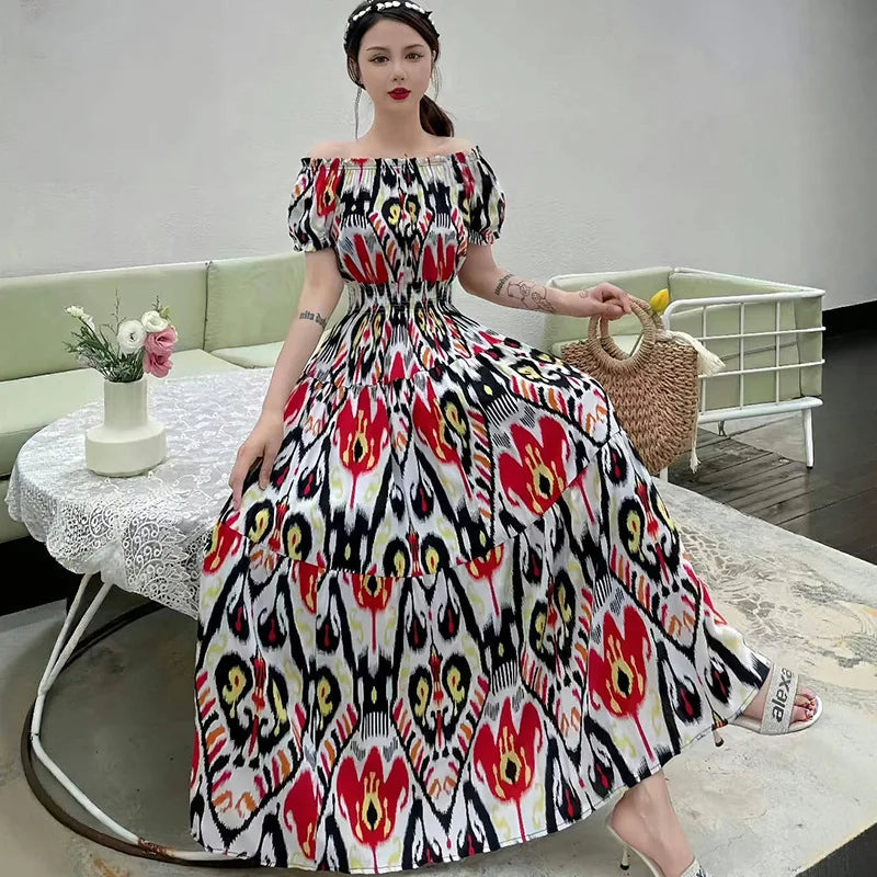 Bohemian Long Dress Summer Fashion One-Shoulder Floral Cotton Silk Elastic Waist Beach Skirt Vintage Ethnic Style Short Sleeve