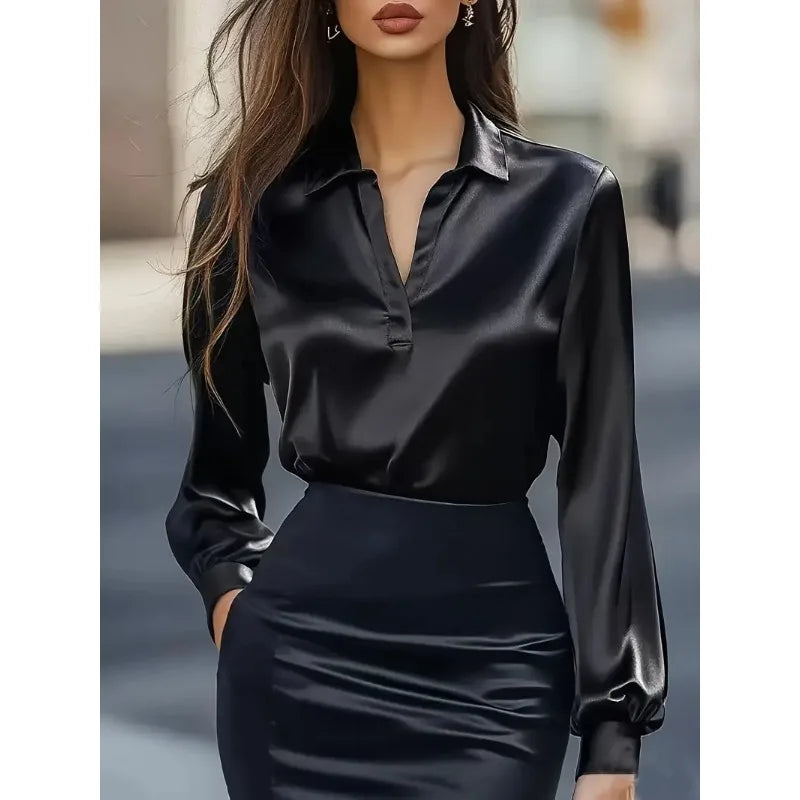 Women's Satin Long Sleeve Shirt - Elegant Swing Collar Blouse