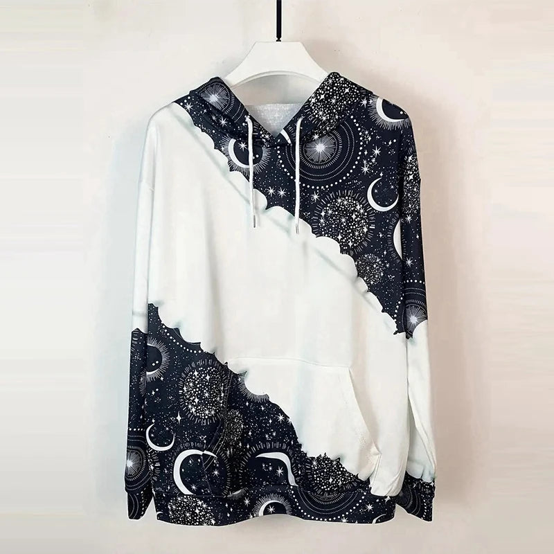 Women's Moon Print Drawstring Hoodie - Casual Long Sleeve Sweatshirt