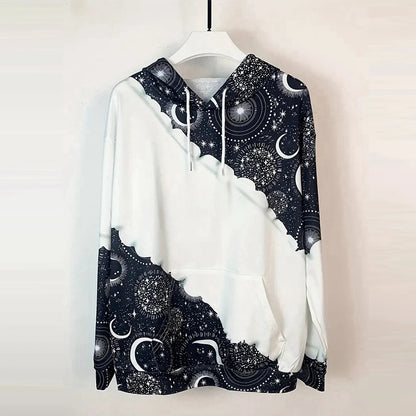 Women's Moon Print Drawstring Hoodie - Casual Long Sleeve Sweatshirt