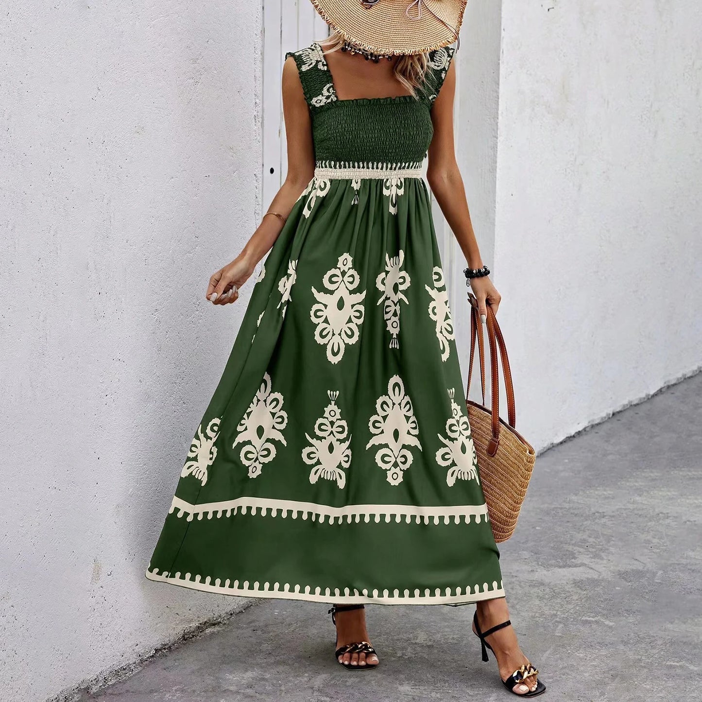 Women's Ethnic Print Sling Maxi Dress - Tropical Sleeveless Summer Dress