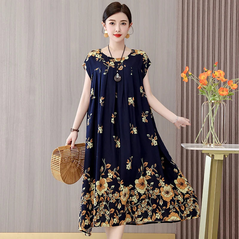 Women's Plus Size Summer Dress - Loose O-Neck Cotton Print Dress