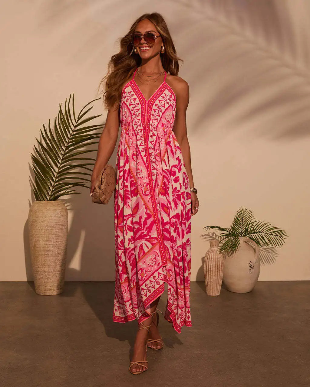 Women's Halter Backless Maxi Dress - Printed Bohemian Beach Dress