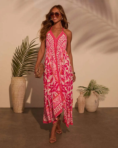 Women's Halter Backless Maxi Dress - Printed Bohemian Beach Dress