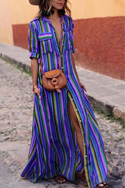 Women's Striped Maxi Dress - Bohemian Button-Front Beach Dress