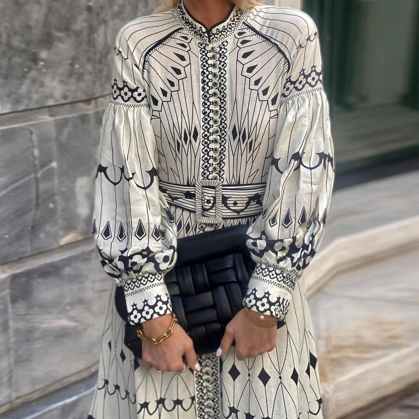 Women Vintage Print Stand Collar Lantern Sleeve Belt Linen A Line Dress