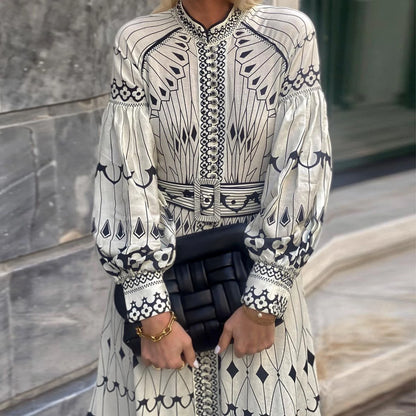 Women Vintage Print Stand Collar Lantern Sleeve Belt Linen A Line Dress